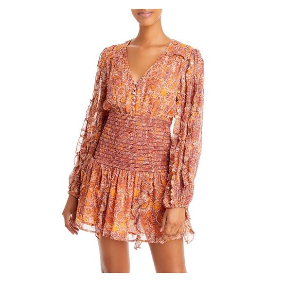 ROCOCO SAND Dresses & Skirts - ROCOCO SAND Womens Orange  Lined Long Sleeve V Neck Mini Evening Sheath Dress L